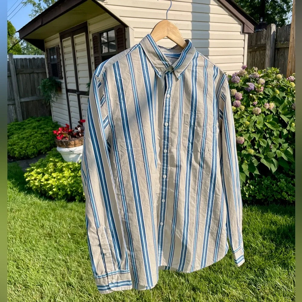 J.Crew‎ Men’s Classic Long Sleeve Striped Button Down Shirt LARGE Tan Cotton